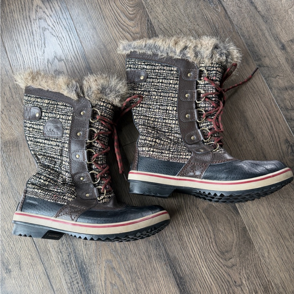 Sorel Brown Black & Tan Fur-Trim Winter Rain Boots